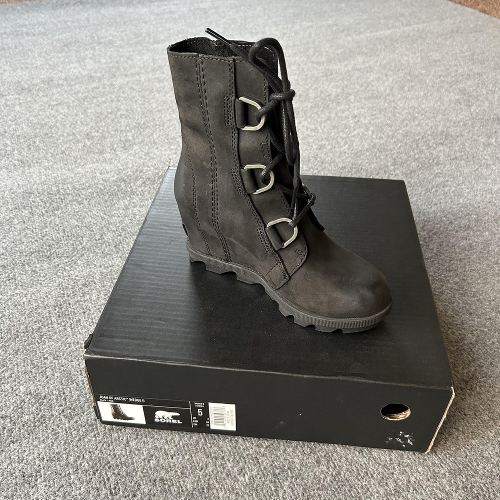 Sorel Joan Of Arctic Wedge II‎ Boots Womens Size 5 Black Leather Lace Up Ankle